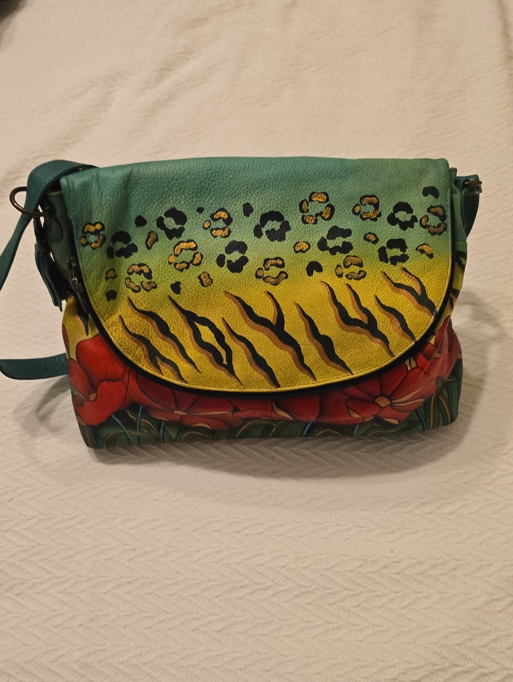 Anuschka Hand-Painted Green & Yellow Floral Crossbody Bag